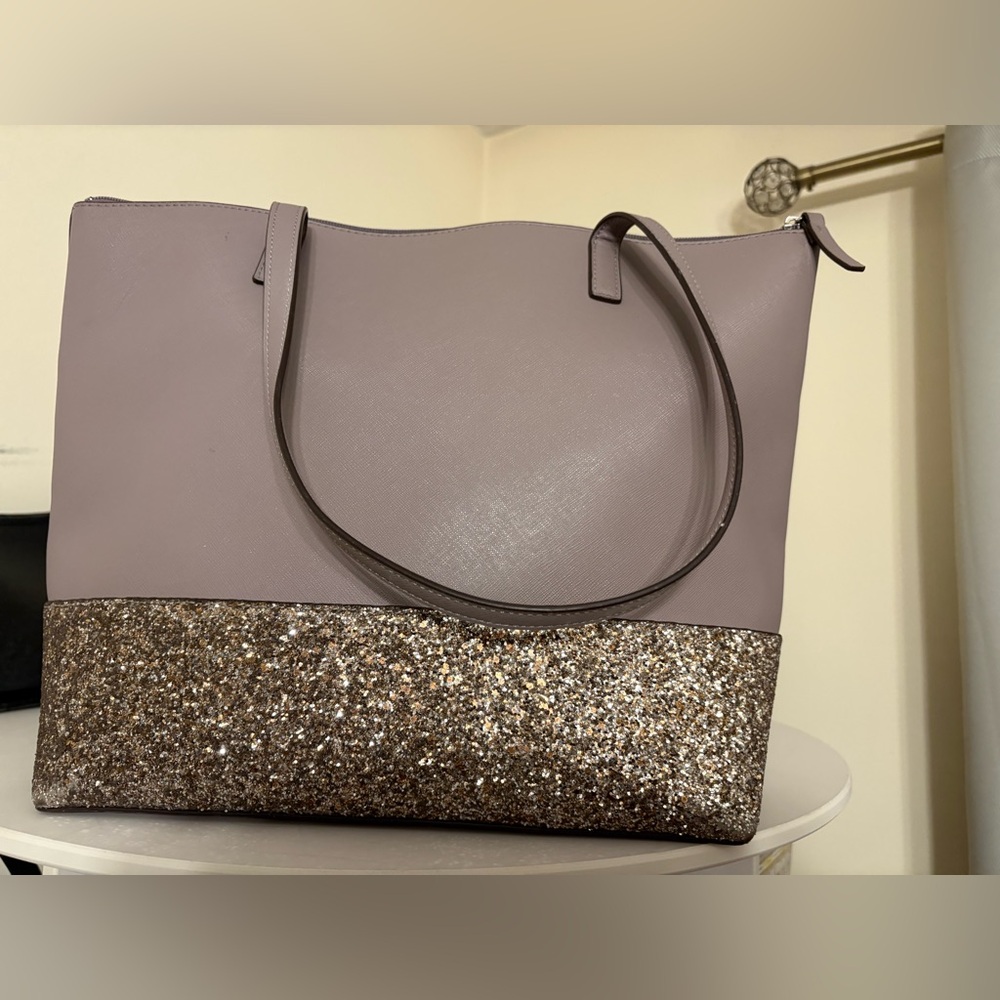 Kate Spade New York Greta Court penny Gray leather and Gold Glitter Tote Bag - Picture 2 of 3